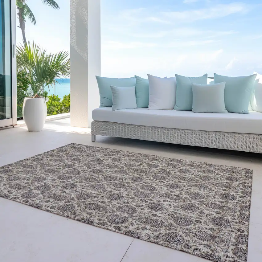 Ivory Taupe And Beige Floral Washable Indoor Outdoor Area Rug Photo 7