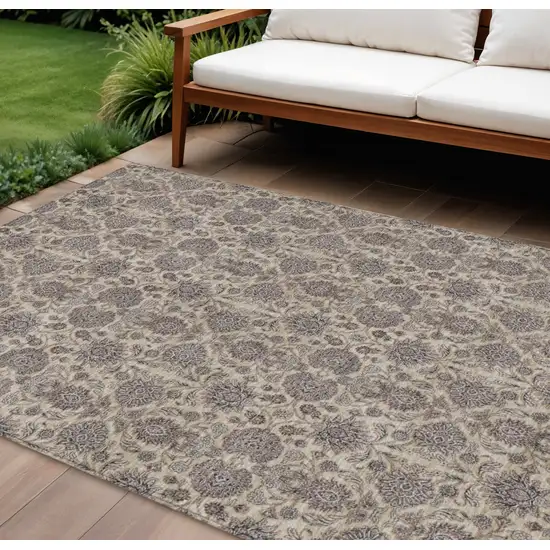 Ivory Taupe And Beige Floral Washable Indoor Outdoor Area Rug Photo 1
