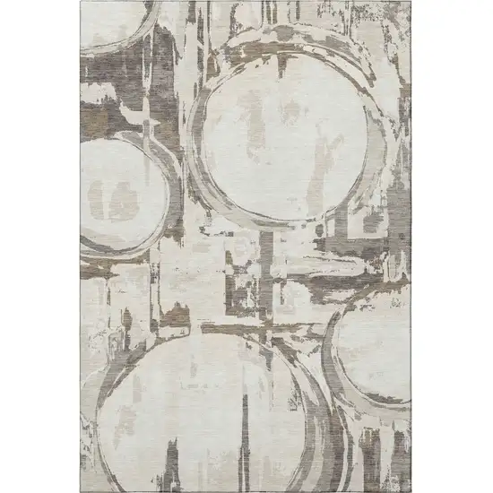 Ivory Taupe And Beige Geometric Washable Area Rug With UV Protection Photo 3