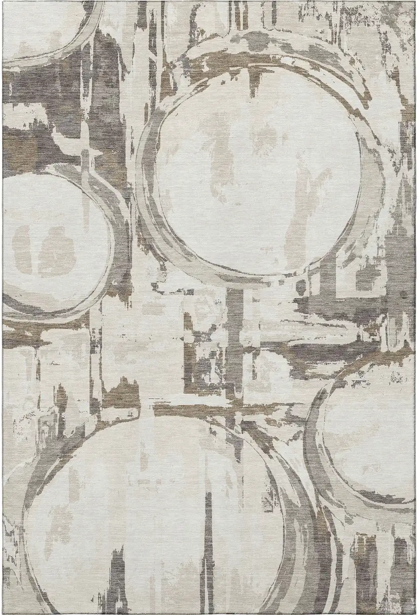 Ivory Taupe And Beige Geometric Washable Area Rug With UV Protection Photo 3