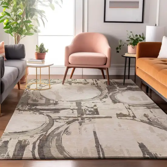 Ivory Taupe And Beige Geometric Washable Area Rug With UV Protection Photo 4