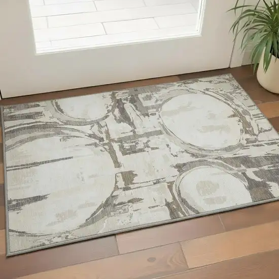 Ivory Taupe And Beige Geometric Washable Area Rug With UV Protection Photo 2