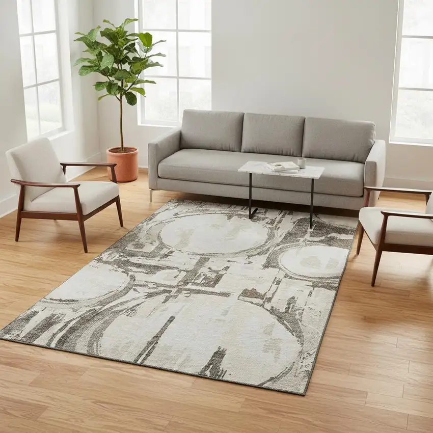 Ivory Taupe And Beige Geometric Washable Area Rug With UV Protection Photo 2