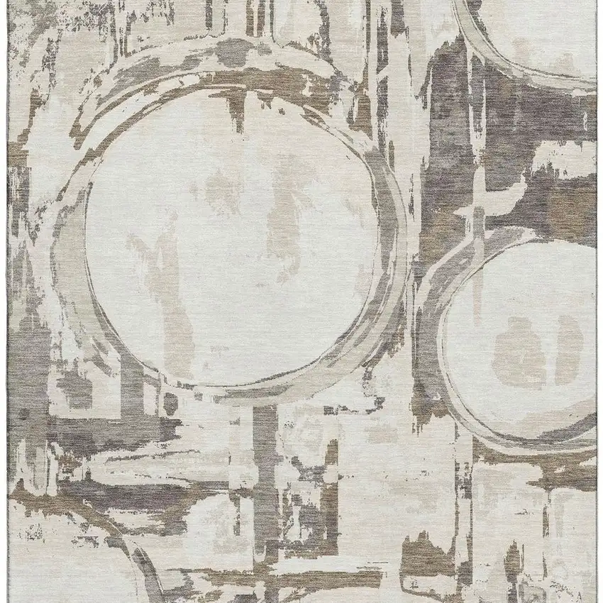 Ivory Taupe And Beige Geometric Washable Area Rug With UV Protection Photo 3