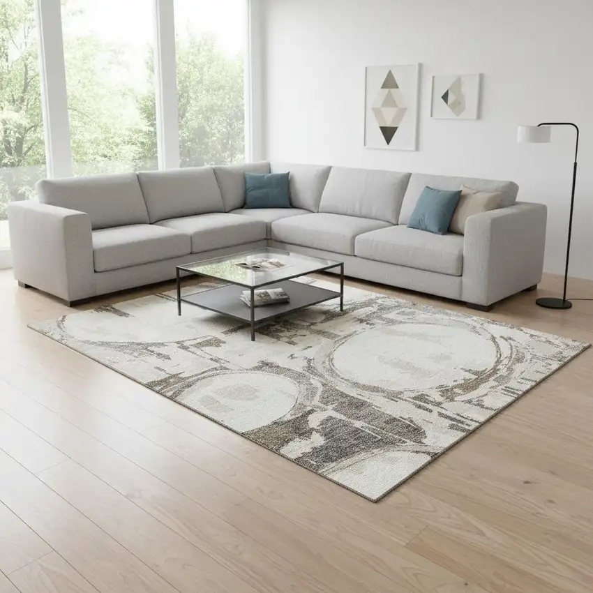 Ivory Taupe And Beige Geometric Washable Area Rug With UV Protection Photo 2