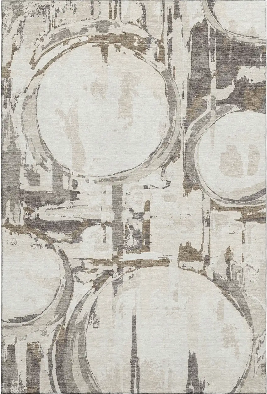 Ivory Taupe And Beige Geometric Washable Area Rug With UV Protection Photo 1