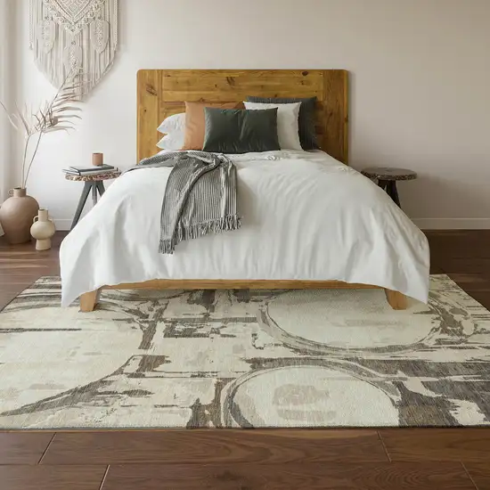 Ivory Taupe And Beige Geometric Washable Area Rug With UV Protection Photo 6