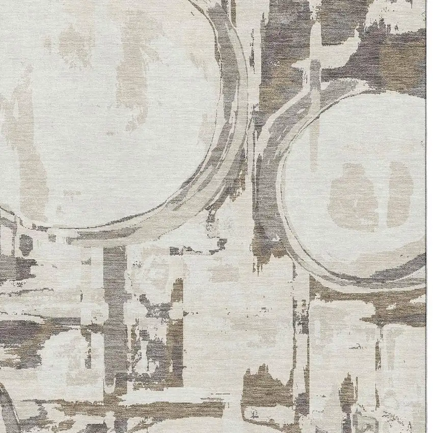 Ivory Taupe And Beige Geometric Washable Area Rug With UV Protection Photo 3