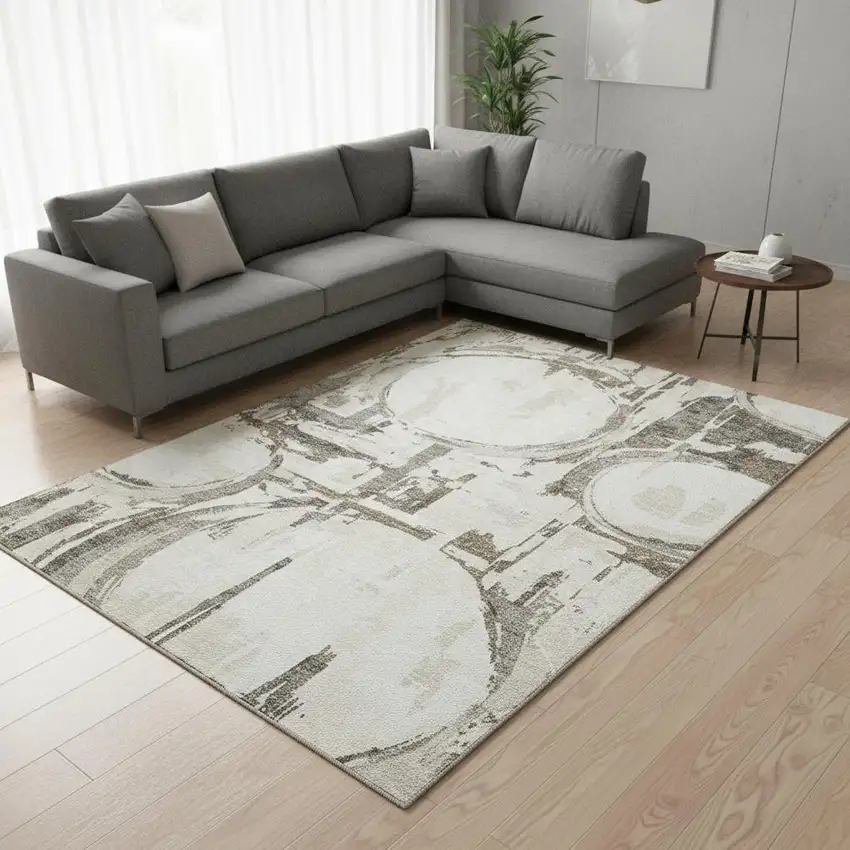 Ivory Taupe And Beige Geometric Washable Area Rug With UV Protection Photo 2