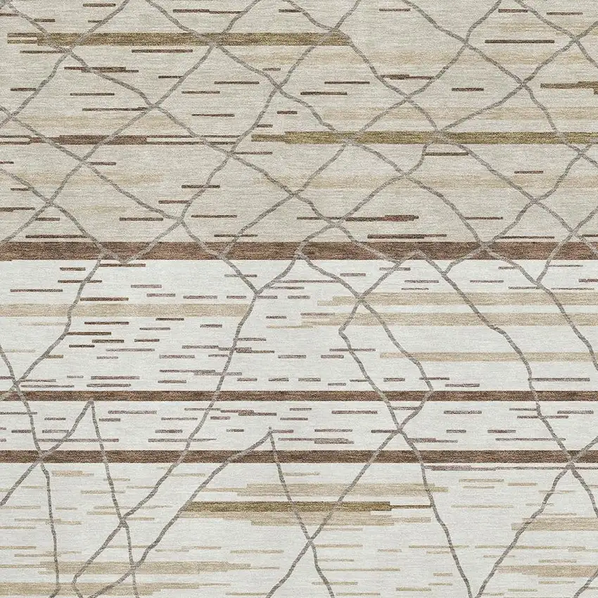 Ivory Taupe And Beige Striped Washable Area Rug With UV Protection Photo 2