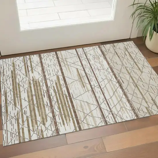 Ivory Taupe And Beige Striped Washable Area Rug With UV Protection Photo 1