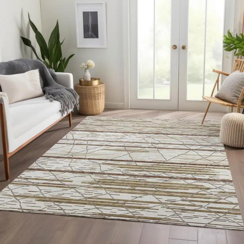 Ivory Taupe And Beige Striped Washable Area Rug With UV Protection Photo 5