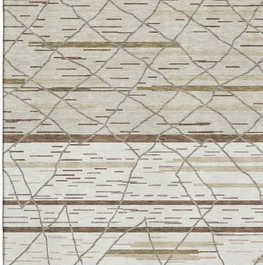 Ivory Taupe And Beige Striped Washable Area Rug With UV Protection Photo 2