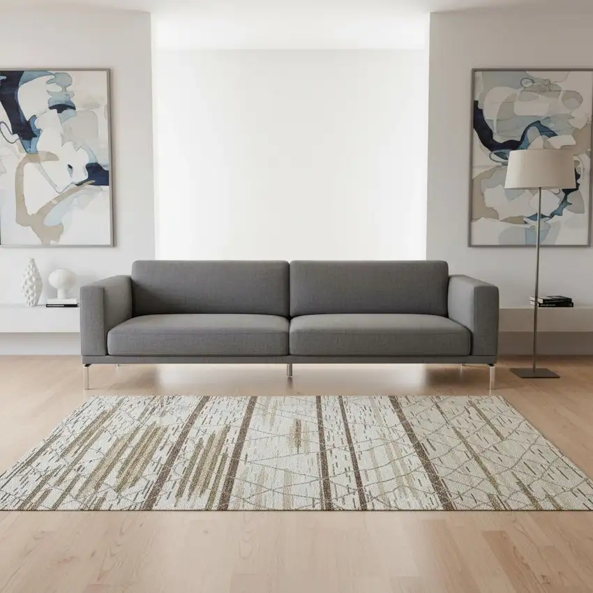 Ivory Taupe And Beige Striped Washable Area Rug With UV Protection Photo 2