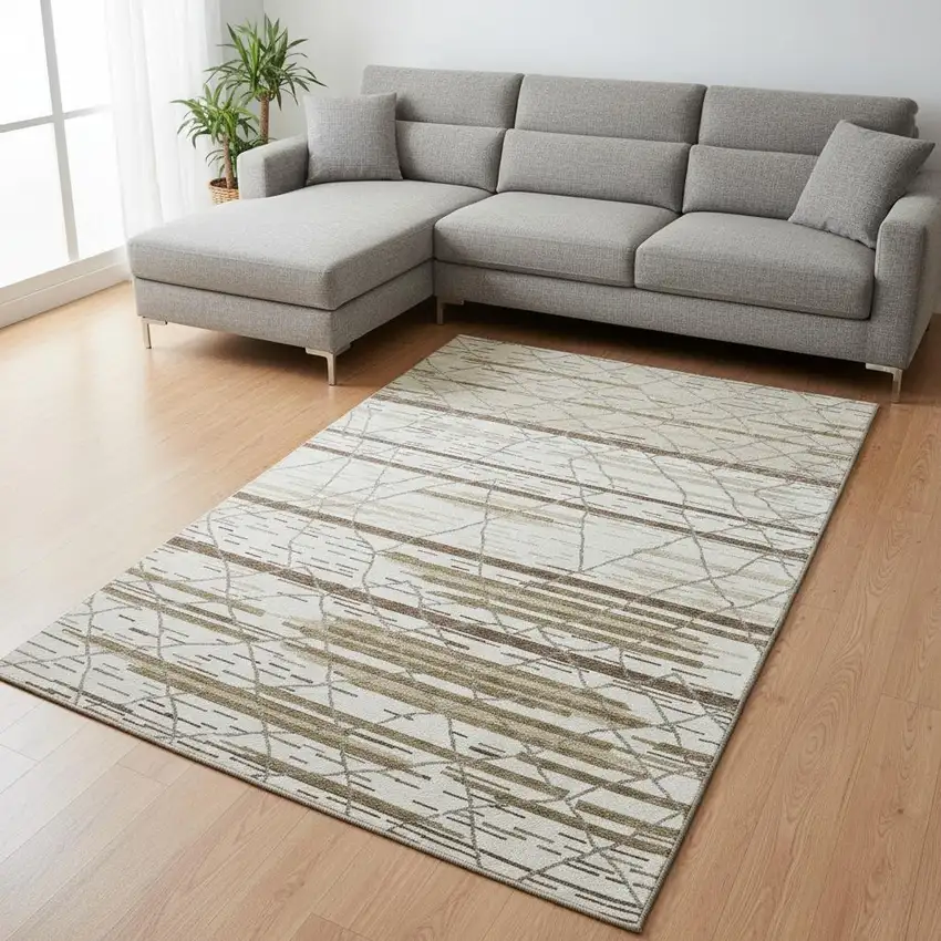 Ivory Taupe And Beige Striped Washable Area Rug With UV Protection Photo 2