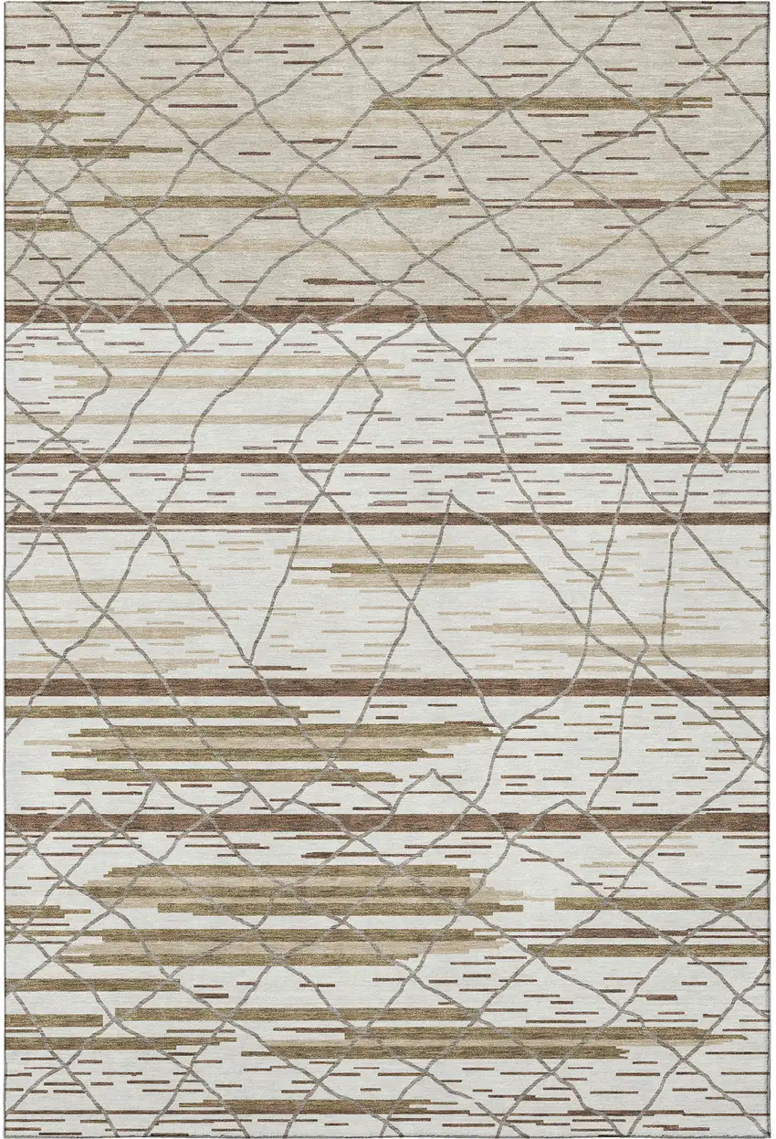 Ivory Taupe And Beige Striped Washable Area Rug With UV Protection Photo 3
