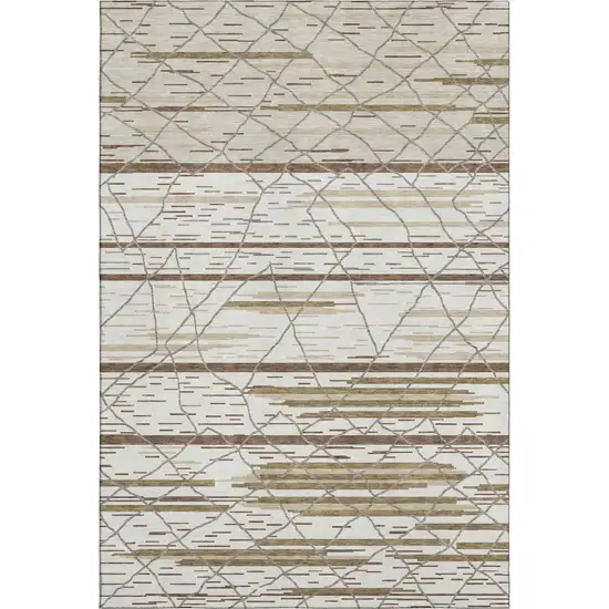 Ivory Taupe And Beige Striped Washable Area Rug With UV Protection Photo 1