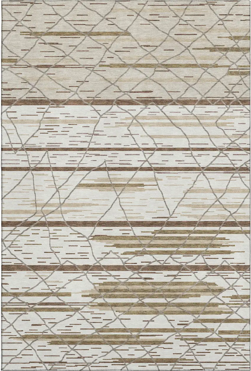 Ivory Taupe And Beige Striped Washable Area Rug With UV Protection Photo 1