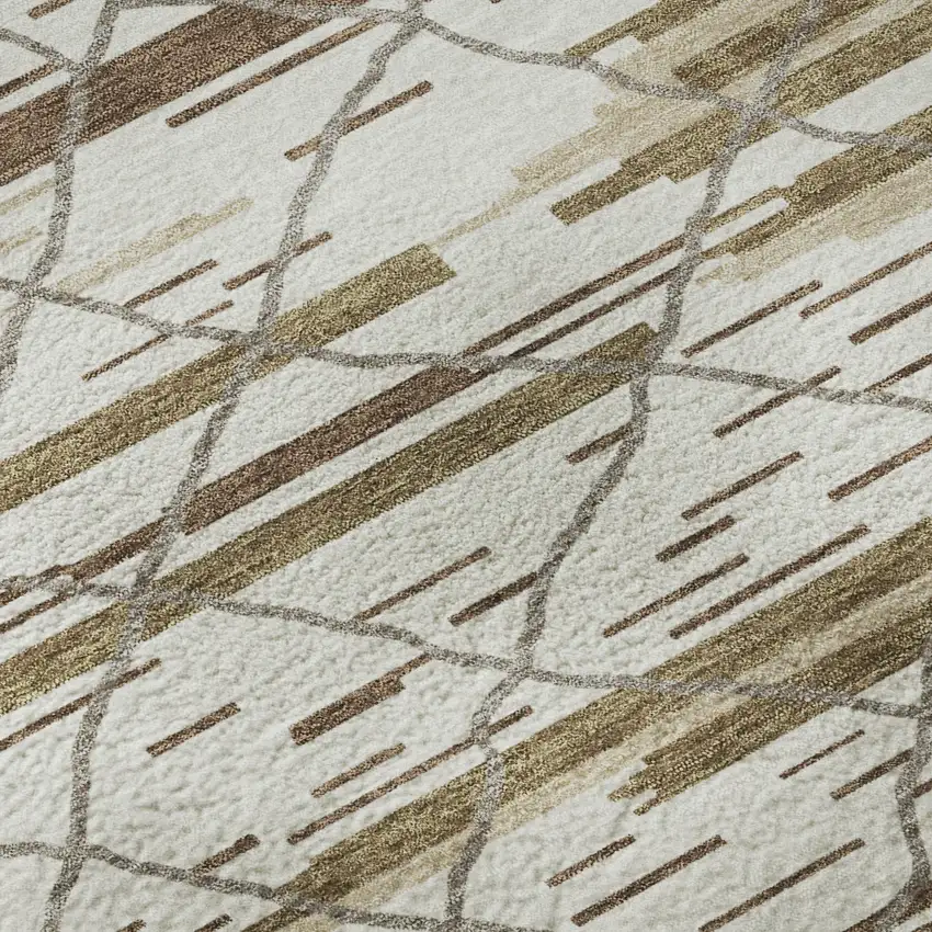 Ivory Taupe And Beige Striped Washable Area Rug With UV Protection Photo 8