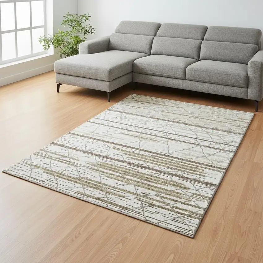 Ivory Taupe And Beige Striped Washable Area Rug With UV Protection Photo 2