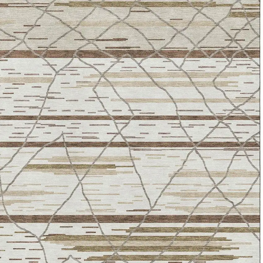 Ivory Taupe And Beige Striped Washable Area Rug With UV Protection Photo 2