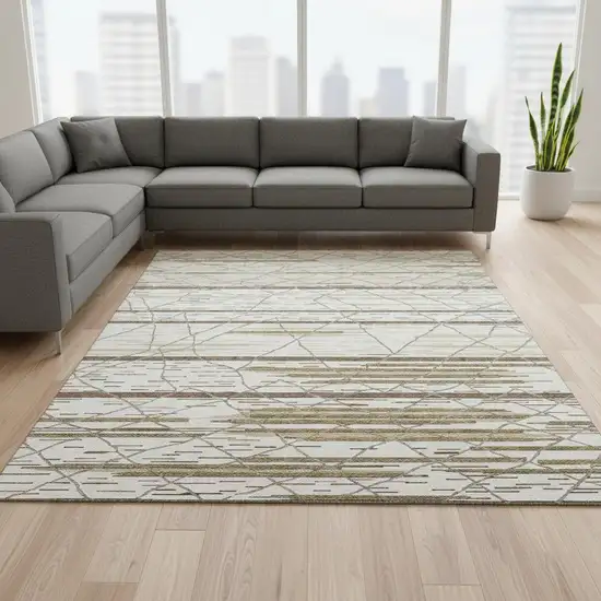 Ivory Taupe And Beige Striped Washable Area Rug With UV Protection Photo 2