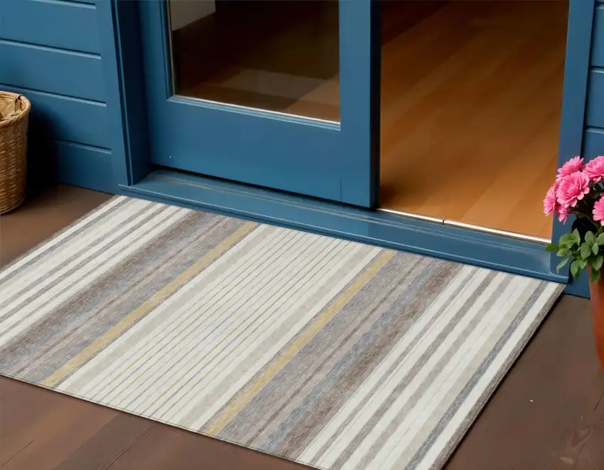 Ivory Taupe And Beige Striped Washable Indoor Outdoor Area Rug Photo 1