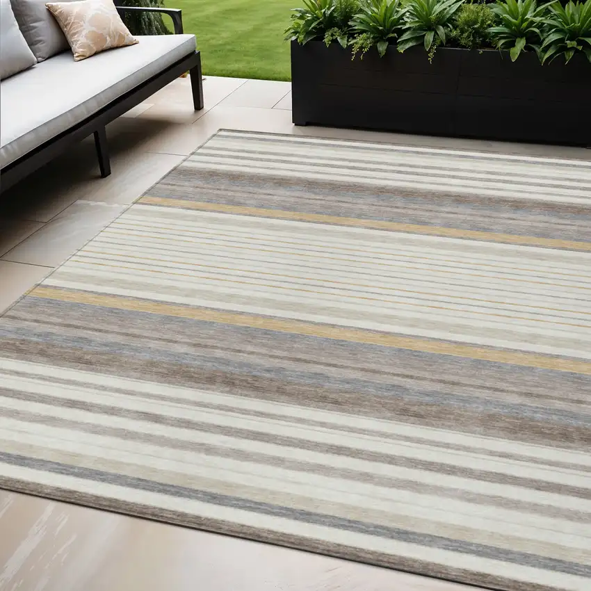 Ivory Taupe And Beige Striped Washable Indoor Outdoor Area Rug Photo 1