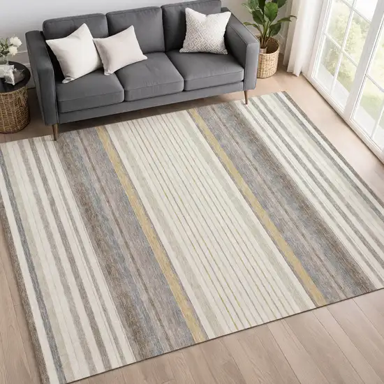 Ivory Taupe And Beige Striped Washable Indoor Outdoor Area Rug Photo 9