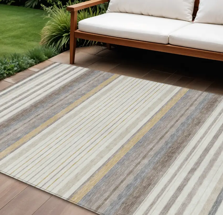 Ivory Taupe And Beige Striped Washable Indoor Outdoor Area Rug Photo 1