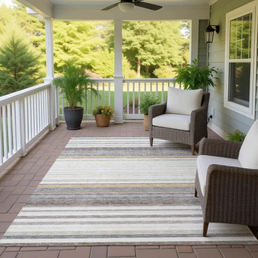Ivory Taupe And Beige Striped Washable Indoor Outdoor Area Rug Photo 9