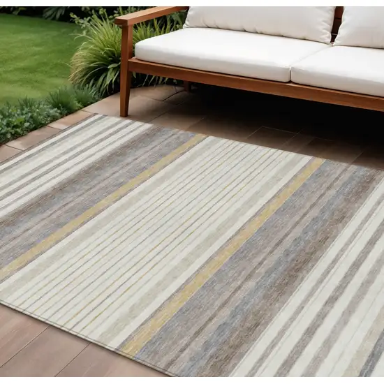 Ivory Taupe And Beige Striped Washable Indoor Outdoor Area Rug Photo 1