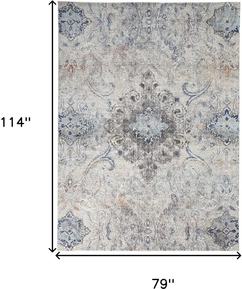 Ivory Taupe And Blue Floral Power Loom Distressed Stain Resistant Area Rug Photo 10
