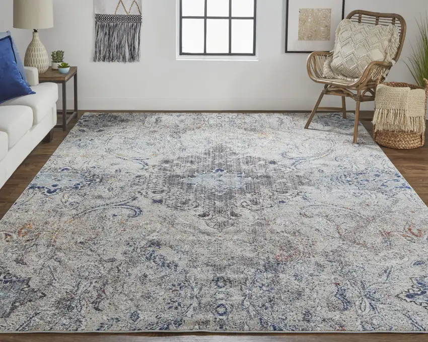 Ivory Taupe And Blue Floral Power Loom Distressed Stain Resistant Area Rug Photo 6