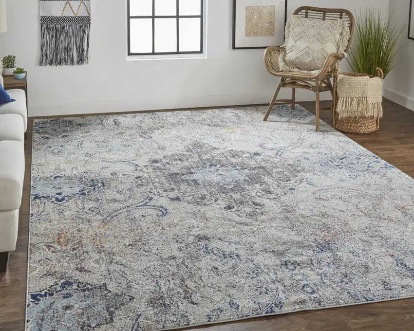 Ivory Taupe And Blue Floral Power Loom Distressed Stain Resistant Area Rug Photo 7