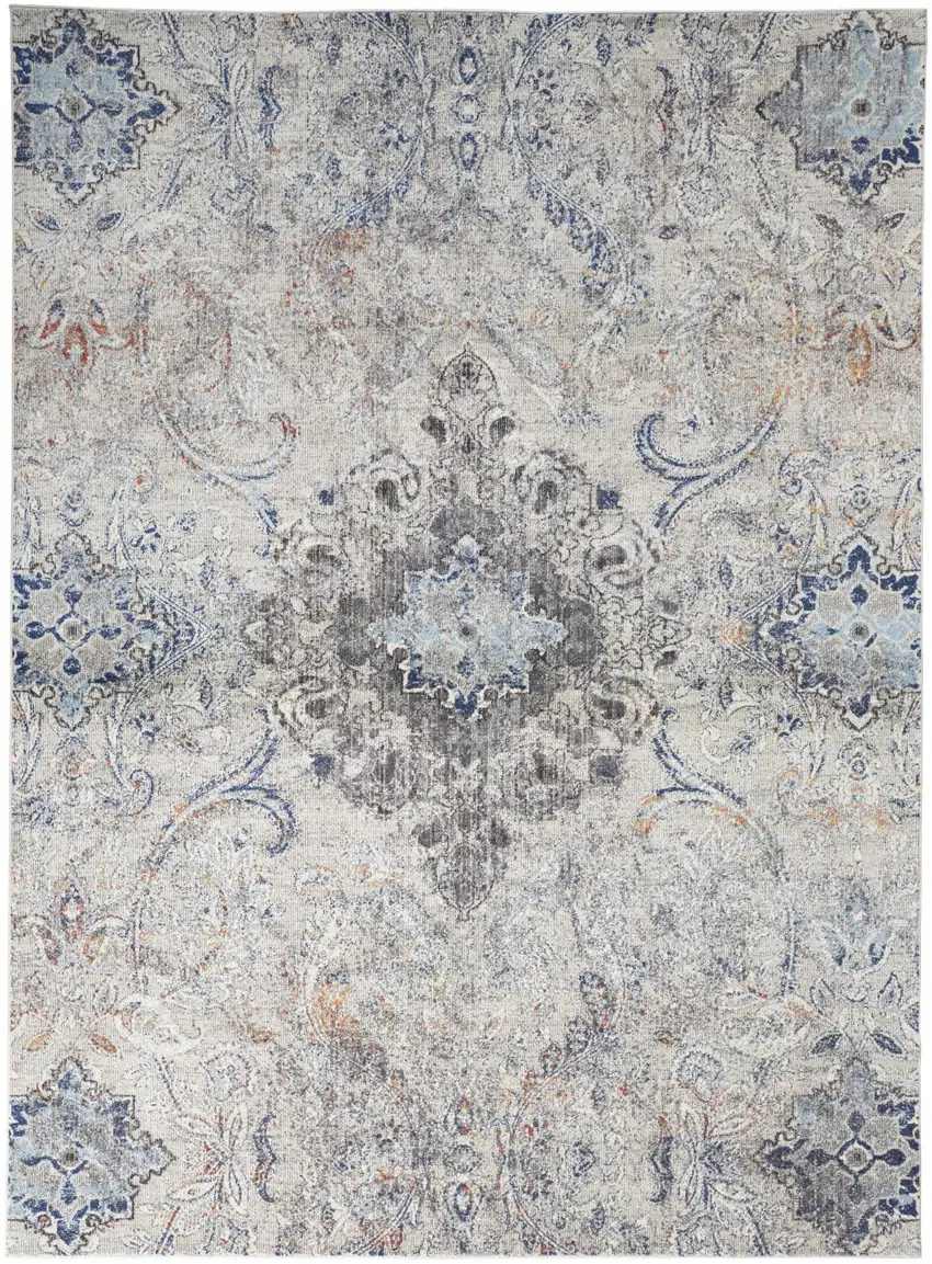 Ivory Taupe And Blue Floral Power Loom Distressed Stain Resistant Area Rug Photo 1