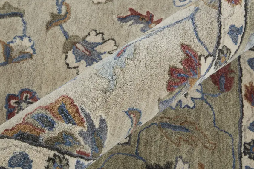 Ivory Taupe And Blue Wool Floral Tufted Handmade Stain Resistant Area Rug Photo 4
