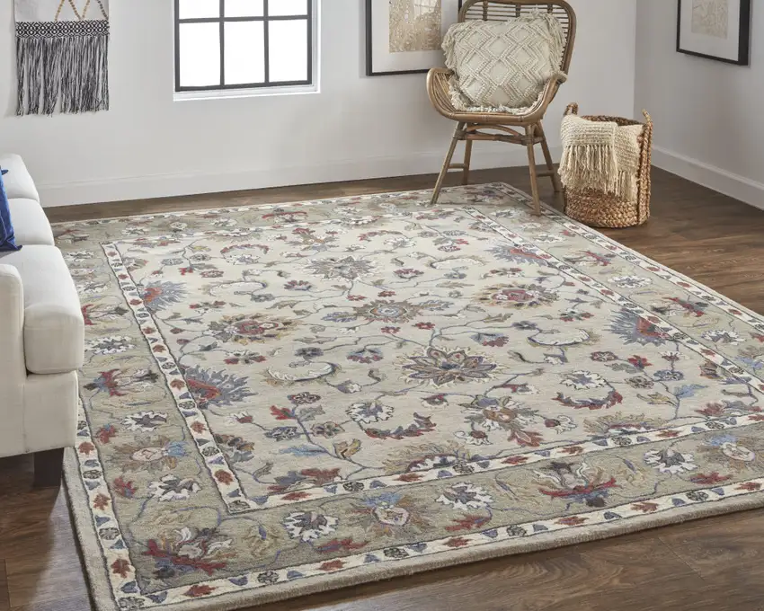 Ivory Taupe And Blue Wool Floral Tufted Handmade Stain Resistant Area Rug Photo 8