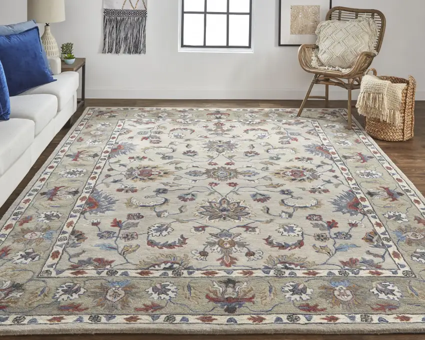 Ivory Taupe And Blue Wool Floral Tufted Handmade Stain Resistant Area Rug Photo 7