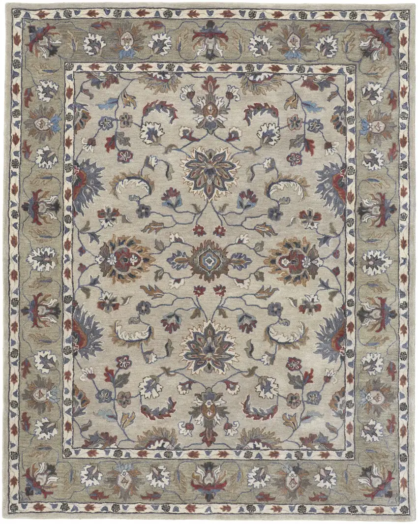 Ivory Taupe And Blue Wool Floral Tufted Handmade Stain Resistant Area Rug Photo 1