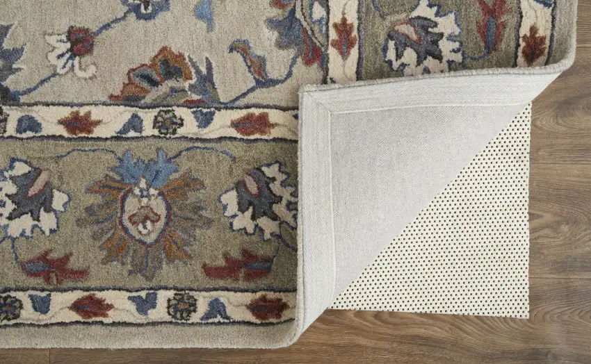 Ivory Taupe And Blue Wool Floral Tufted Handmade Stain Resistant Area Rug Photo 5