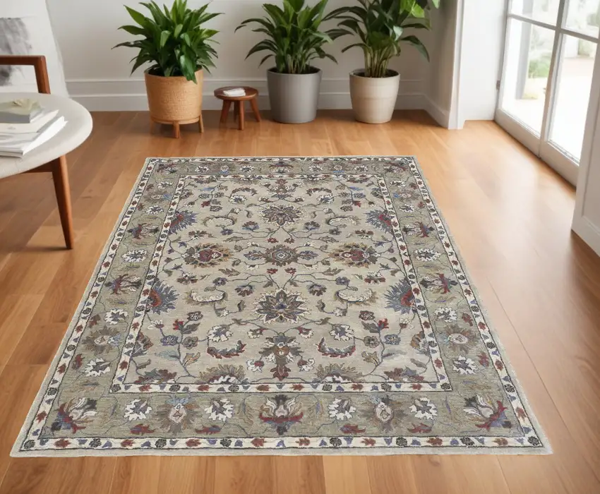 Ivory and Blue Wool Floral Hand Tufted Area Rug Photo 1