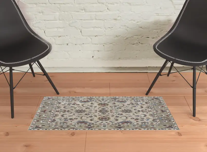 Ivory Taupe And Blue Wool Floral Tufted Handmade Stain Resistant Area Rug Photo 2