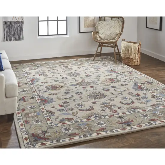 Ivory Taupe And Blue Wool Floral Tufted Handmade Stain Resistant Area Rug Photo 8