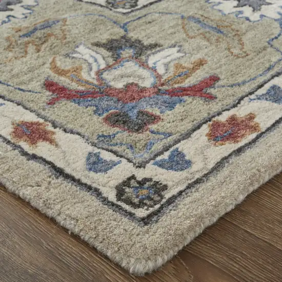 Ivory Taupe And Blue Wool Floral Tufted Handmade Stain Resistant Area Rug Photo 3