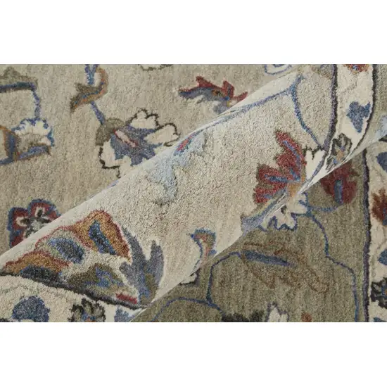 Ivory Taupe And Blue Wool Floral Tufted Handmade Stain Resistant Area Rug Photo 4