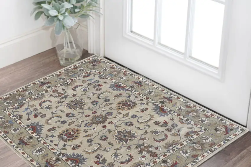 Ivory and Blue Wool Floral Hand Tufted Area Rug Photo 1
