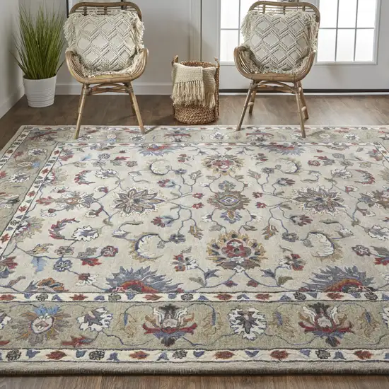 Ivory Taupe And Blue Wool Floral Tufted Handmade Stain Resistant Area Rug Photo 9