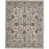 Photo of Ivory Taupe And Blue Wool Floral Tufted Handmade Stain Resistant Area Rug