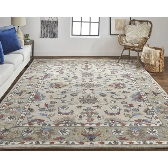 Ivory Taupe And Blue Wool Floral Tufted Handmade Stain Resistant Area Rug Photo 7